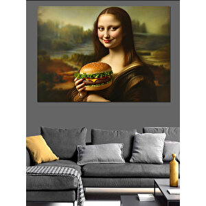 Hamburger Yiyen Mona Lisa Dekoratif Kanvas - Mdf Ahşap Tablo