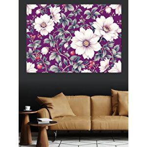 Mor Beyaz Çiçek Deseni Dekoratif Kanvas - Mdf Ahşap Tablo 50x70 cm