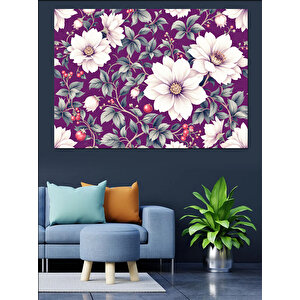Mor Beyaz Çiçek Deseni Dekoratif Kanvas - Mdf Ahşap Tablo 50x70 cm