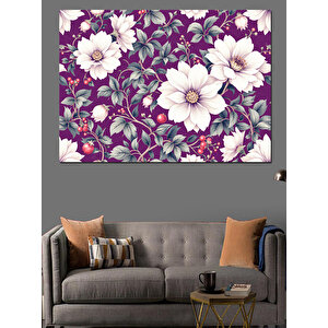 Mor Beyaz Çiçek Deseni Dekoratif Kanvas - Mdf Ahşap Tablo 50x70 cm