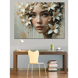 Çiçekli Kadın Yüzü Dekoratif Kanvas - Mdf Ahşap Tablo 50x70 cm