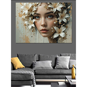 Çiçekli Kadın Yüzü Dekoratif Kanvas - Mdf Ahşap Tablo 50x70 cm