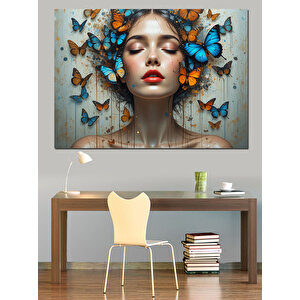 Kelebekli Kadın Portre Dekoratif Kanvas - Mdf Ahşap Tablo 70x100 cm