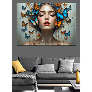 Kelebekli Kadın Portre Dekoratif Kanvas - Mdf Ahşap Tablo 70x100 cm