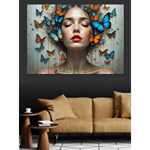 Kelebekli Kadın Portre Dekoratif Kanvas - Mdf Ahşap Tablo 70x100 cm
