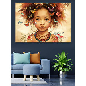 Çiçekli Afro Küçük Kız Dekoratif Kanvas - Mdf Ahşap Tablo 50x70 cm