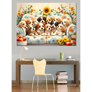 Güneş Çiçekleri Yavru Köpekler Dekoratif Kanvas - Mdf Ahşap Tablo 35x50 cm