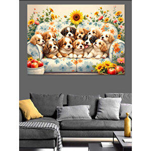 Güneş Çiçekleri Yavru Köpekler Dekoratif Kanvas - Mdf Ahşap Tablo 35x50 cm