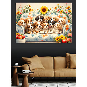 Güneş Çiçekleri Yavru Köpekler Dekoratif Kanvas - Mdf Ahşap Tablo 35x50 cm