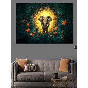 Tropikal Ormanda Fil Dekoratif Kanvas - Mdf Ahşap Tablo 50x70 cm