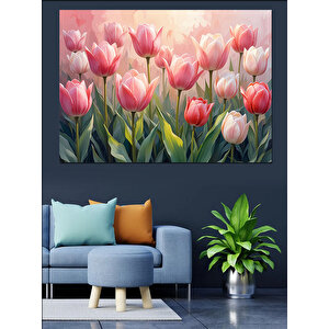Pembe Lale Bahçesi Dekoratif Kanvas - Mdf Ahşap Tablo 100x140 cm