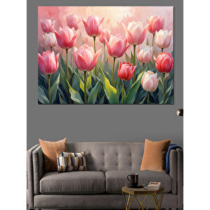 Pembe Lale Bahçesi Dekoratif Kanvas - Mdf Ahşap Tablo 100x140 cm