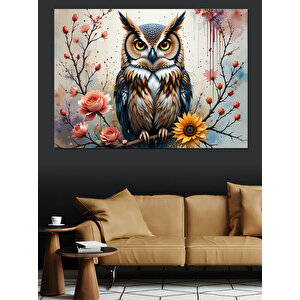 Çiçekli Baykuş Tablosu Dekoratif Kanvas - Mdf Ahşap Tablo