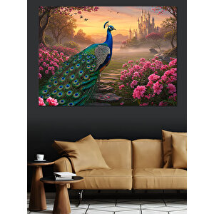 Çiçekli Bahçede Kraliyet Kuşu Dekoratif Kanvas - Mdf Ahşap Tablo 100x140 cm