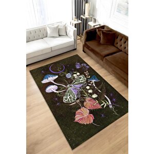 Mikro Orman Koyu Renkli Mantarlı Mutfak Halısı Siyah Mantar Baskılı Özel Tasarım Halı 80x120 cm