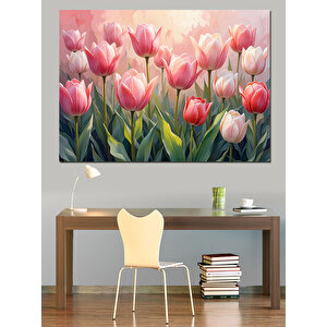 Pembe Lale Bahçesi Dekoratif Kanvas - Mdf Ahşap Tablo 70x100 cm