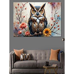 Çiçekli Baykuş Tablosu Dekoratif Kanvas - Mdf Ahşap Tablo 100x140 cm