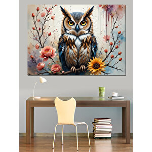 Çiçekli Baykuş Tablosu Dekoratif Kanvas - Mdf Ahşap Tablo 25x35 cm