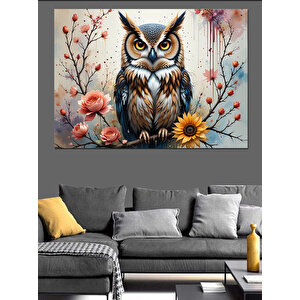Çiçekli Baykuş Tablosu Dekoratif Kanvas - Mdf Ahşap Tablo 25x35 cm