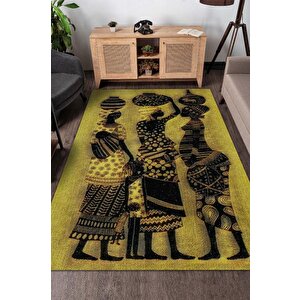 Kahve Gözlüler Minimal Salon Halısı Etnik Desenli Halı Sarı Renkli Oturma Odası Halısı 80x120 cm