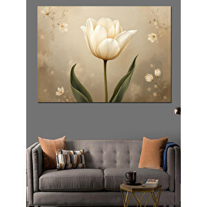 Bej Arkaplan Üzerinde Beyaz Lale Dekoratif Kanvas - Mdf Ahşap Tablo 100x140 cm
