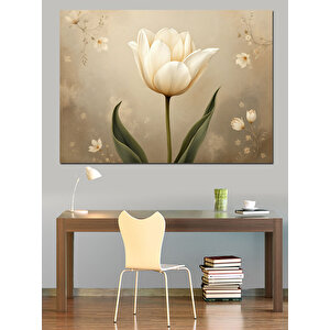 Bej Arkaplan Üzerinde Beyaz Lale Dekoratif Kanvas - Mdf Ahşap Tablo 100x140 cm