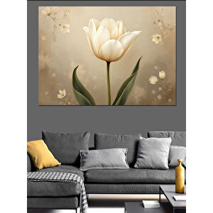 Bej Arkaplan Üzerinde Beyaz Lale Dekoratif Kanvas - Mdf Ahşap Tablo 100x140 cm