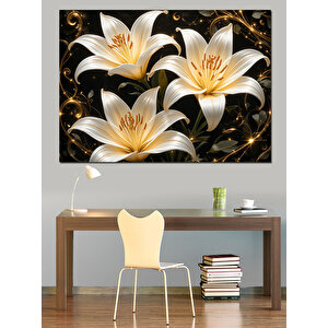Lotus Çiçeği Beyaz Altın Dekoratif Kanvas - Mdf Ahşap Tablo 50x70 cm