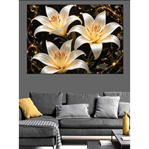 Lotus Çiçeği Beyaz Altın Dekoratif Kanvas - Mdf Ahşap Tablo 50x70 cm