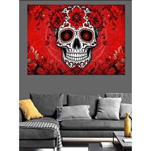 Kırmızı Çiçekli Kafatası Dekoratif Kanvas - Mdf Ahşap Tablo 50x70 cm