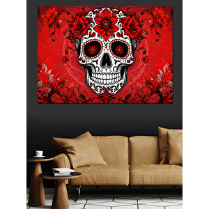 Kırmızı Çiçekli Kafatası Dekoratif Kanvas - Mdf Ahşap Tablo 50x70 cm