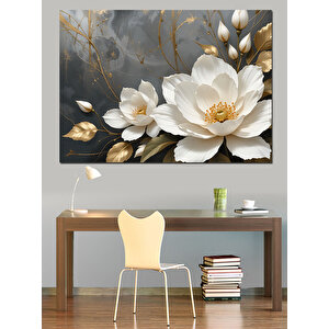 Altın Çerçevede Beyaz Çiçek Dekoratif Kanvas - Mdf Ahşap Tablo 70x100 cm