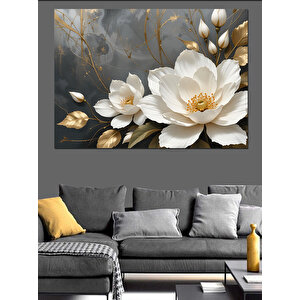 Altın Çerçevede Beyaz Çiçek Dekoratif Kanvas - Mdf Ahşap Tablo 70x100 cm