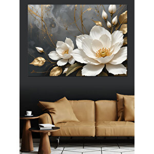 Altın Çerçevede Beyaz Çiçek Dekoratif Kanvas - Mdf Ahşap Tablo 70x100 cm