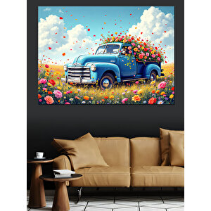 Çiçek Yüklü Mavi Kamyon Dekoratif Kanvas - Mdf Ahşap Tablo 100x140 cm