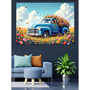 Çiçek Yüklü Mavi Kamyon Dekoratif Kanvas - Mdf Ahşap Tablo 100x140 cm