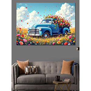 Çiçek Yüklü Mavi Kamyon Dekoratif Kanvas - Mdf Ahşap Tablo 100x140 cm