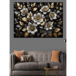 Altın Motifli Beyaz Çiçekler Dekoratif Kanvas - Mdf Ahşap Tablo 100x140 cm