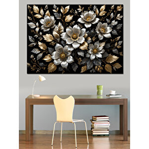 Altın Motifli Beyaz Çiçekler Dekoratif Kanvas - Mdf Ahşap Tablo 100x140 cm