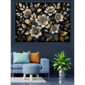 Altın Motifli Beyaz Çiçekler Dekoratif Kanvas - Mdf Ahşap Tablo 25x35 cm