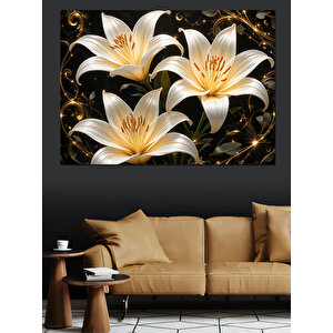 Lotus Çiçeği Beyaz Altın Dekoratif Kanvas - Mdf Ahşap Tablo 100x140 cm