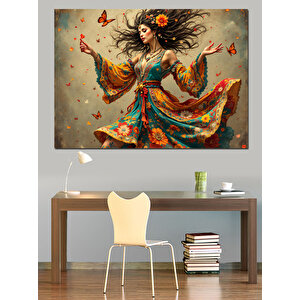Uçuşan Kelebekli Kadın Dansı Dekoratif Kanvas - Mdf Ahşap Tablo 100x140 cm