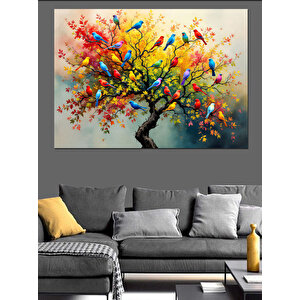 Renkli Kuşlu Çiçekli Ağaç Dekoratif Kanvas - Mdf Ahşap Tablo 50x70 cm