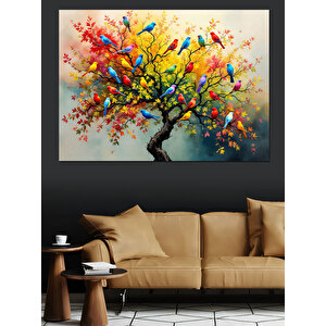 Renkli Kuşlu Çiçekli Ağaç Dekoratif Kanvas - Mdf Ahşap Tablo 50x70 cm