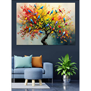 Renkli Kuşlu Çiçekli Ağaç Dekoratif Kanvas - Mdf Ahşap Tablo 50x70 cm