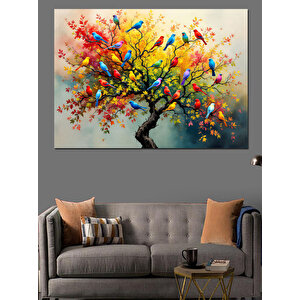 Renkli Kuşlu Çiçekli Ağaç Dekoratif Kanvas - Mdf Ahşap Tablo