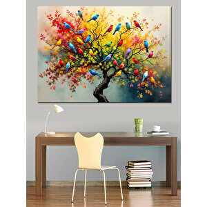 Renkli Kuşlu Çiçekli Ağaç Dekoratif Kanvas - Mdf Ahşap Tablo