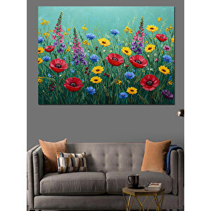 Çiçekli Renkli Bahar Tarlası Dekoratif Kanvas - Mdf Ahşap Tablo 100x140 cm