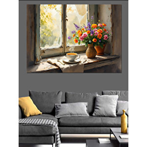 Pencerede Vazoda Çiçekler Dekoratif Kanvas - Mdf Ahşap Tablo 50x70 cm