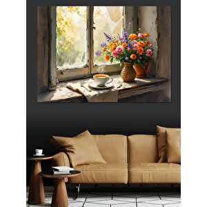 Pencerede Vazoda Çiçekler Dekoratif Kanvas - Mdf Ahşap Tablo